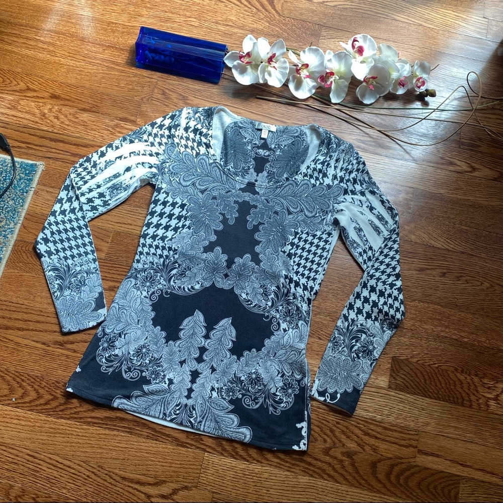 Cache Multi Design Print Long Sleeve Top - Black, White, Gray Hues - RARE!!!  XS